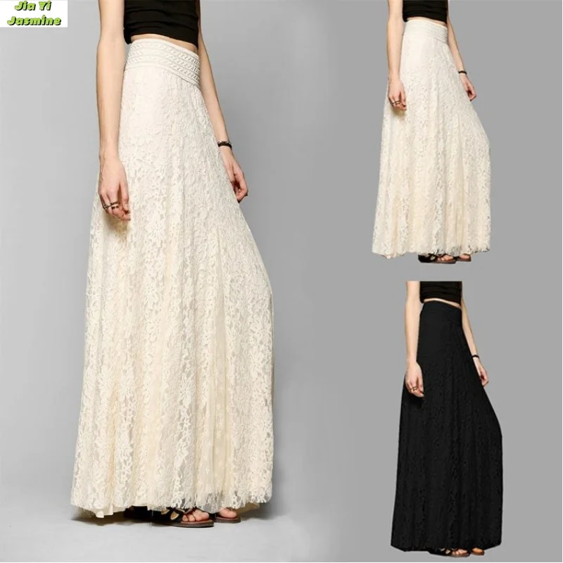 Hook Flower Slim Fit Slimming High Waist Hollow Pattern Lace Long Skirt