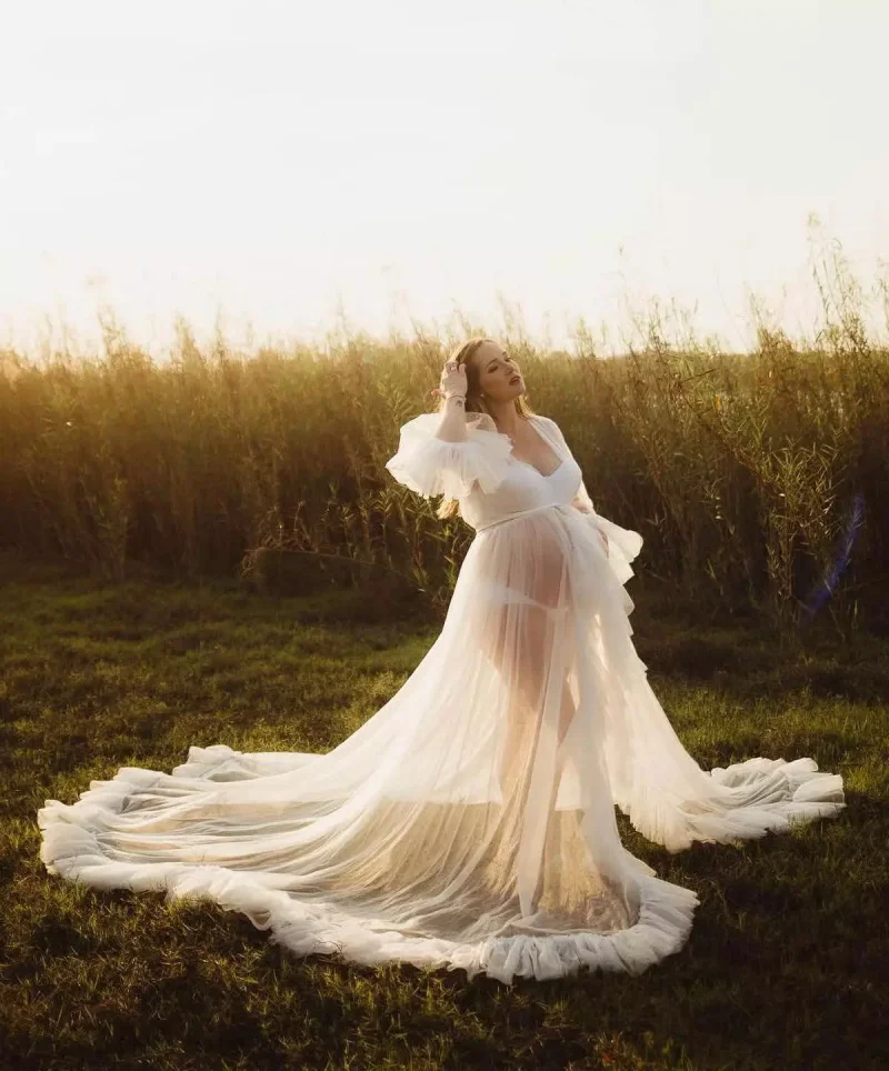 Gaun ibu hamil ukuran Plus dengan gaun Tulle Ruffles halus gaun pesta Prom untuk fotografi seksi tembus pandang buatan khusus