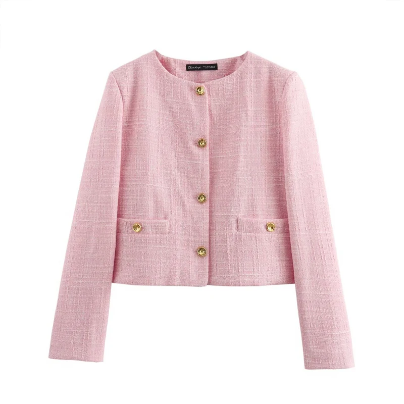 

Women's Pink Spring/Autumn Textured Tweed Coat 2024 New Round Neck Casual Versatile Top