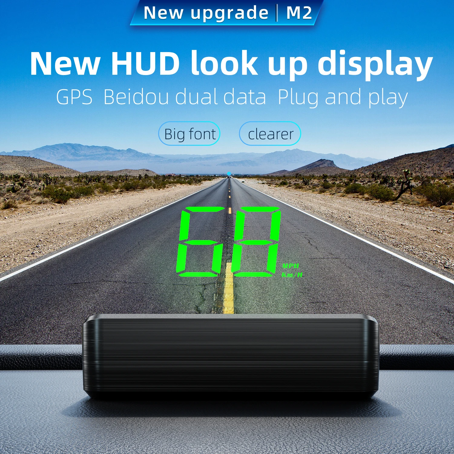 M2 HUD pantalla frontal de coche GPS brújula velocímetro velocidad KMH Digital HUD proyector de parabrisas multifuncional