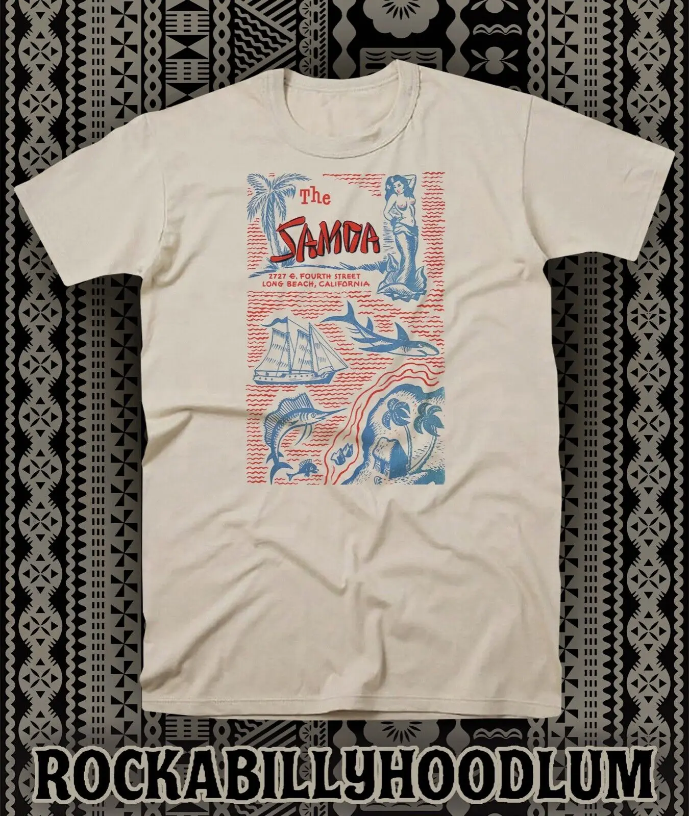 Retro Tiki Art Tee T Shirt Bar Mug Restaurant The Samoa Hula Girl Long Beach CA