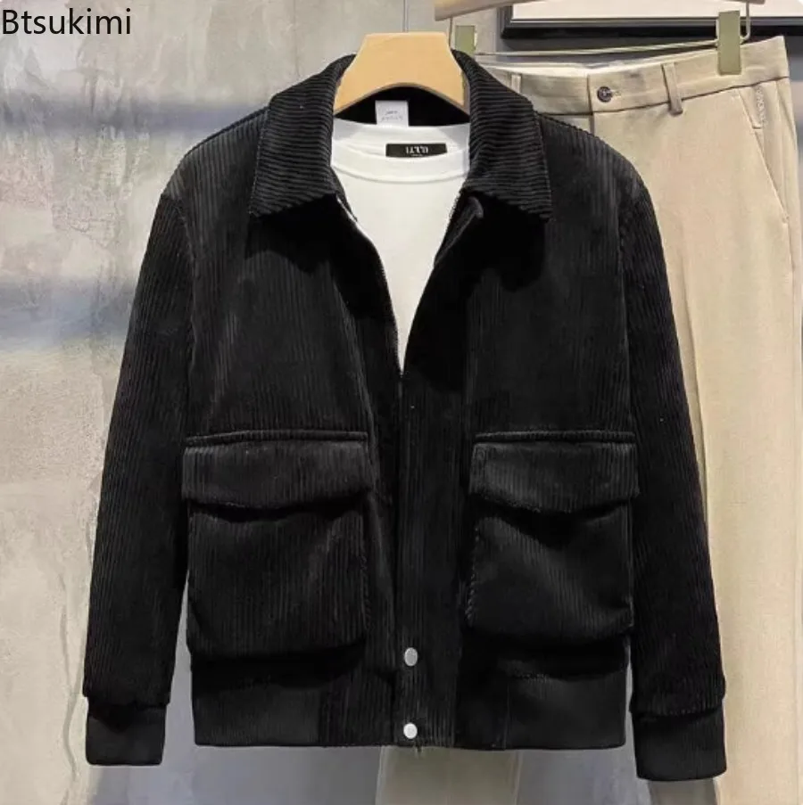 2025 Autumn Winter Men's Corduroy Jackets Retro Jacket Solid Color Lapel Large Pocket Slim Fit Coats Fashionable Casual Tops