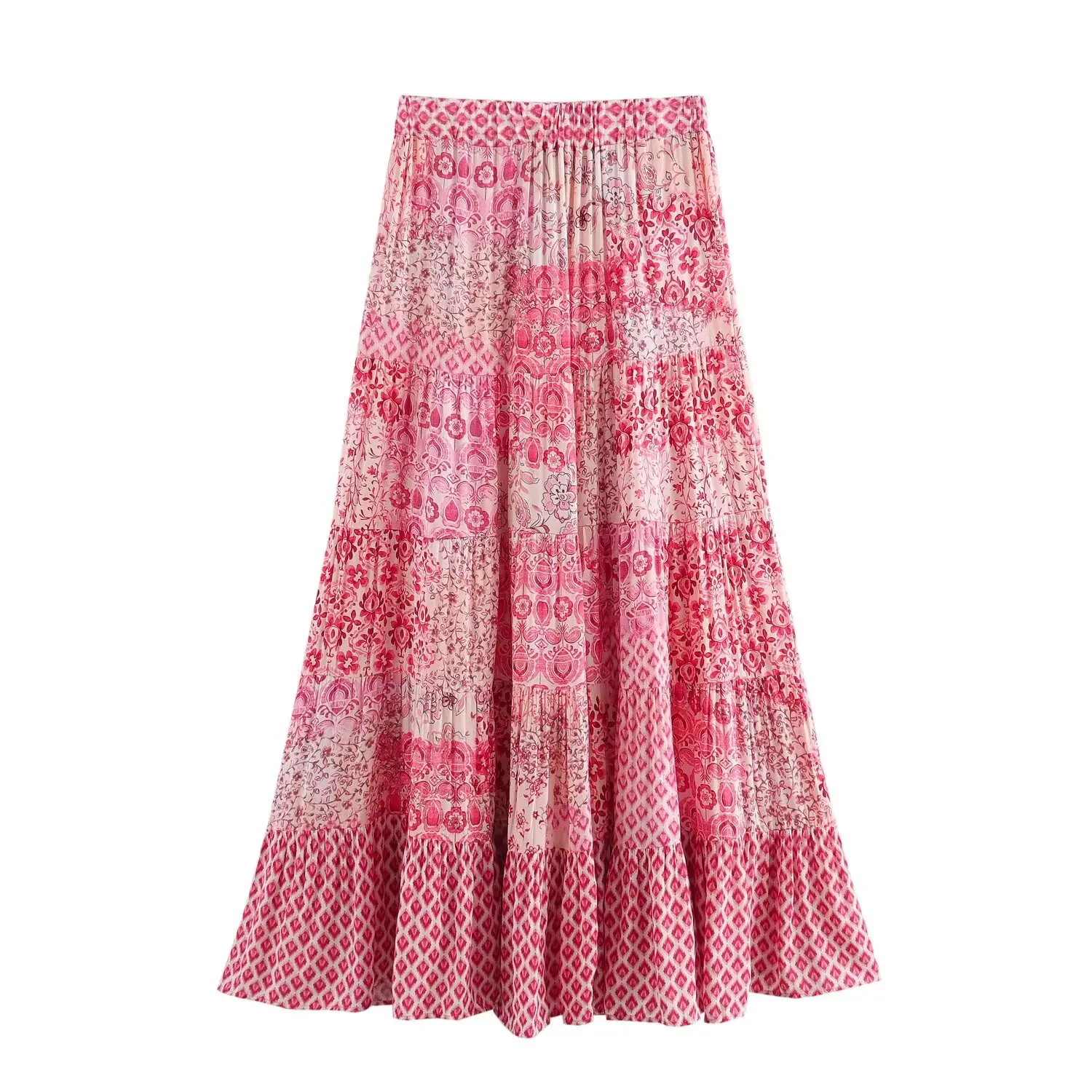 Tangada 2024 Women Flower Print Pleated Skirt Strethy High Waist Female Long Skirt 6X0377