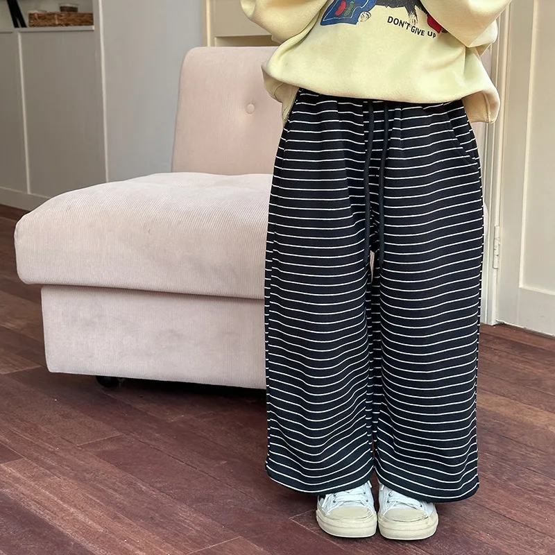 Girl Pants Autumn New 2024 Striped Motion Loose Wide Legs Sweatpants Casual Simple Fashion Sweet Korean Active Vintage Cute Soft