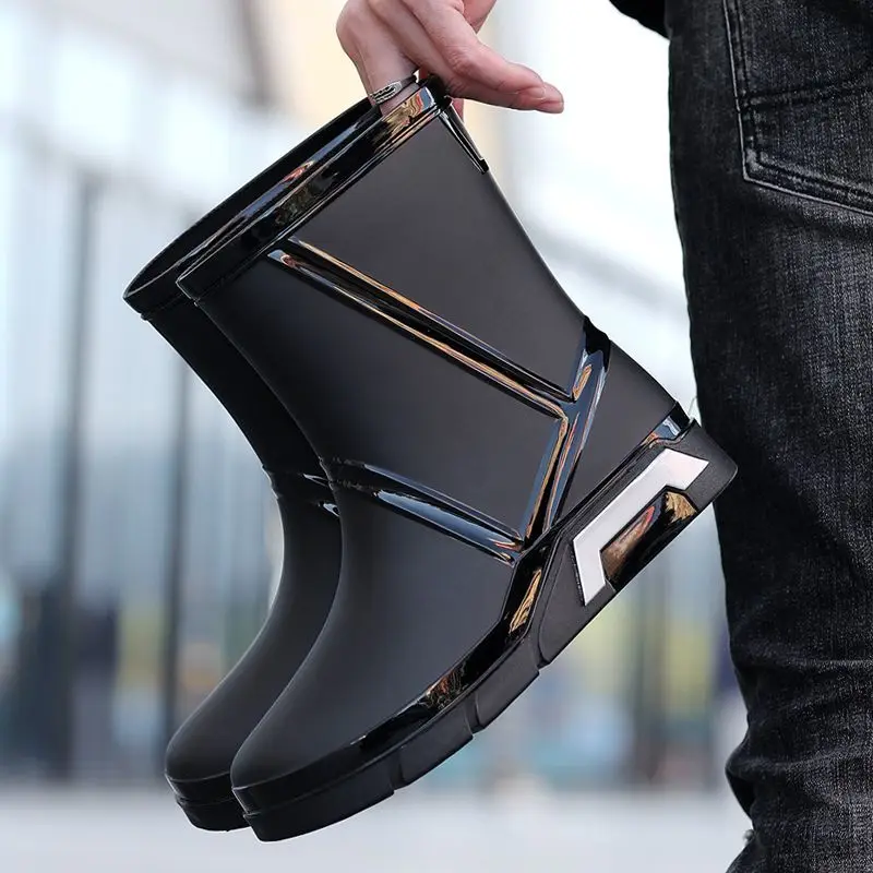 New Men Waterproof Rain Boots Non Slip Fleece Lined Mid Calf Drawstring Rubber Shoes Thick Sole for Kitchen Fishing Working
