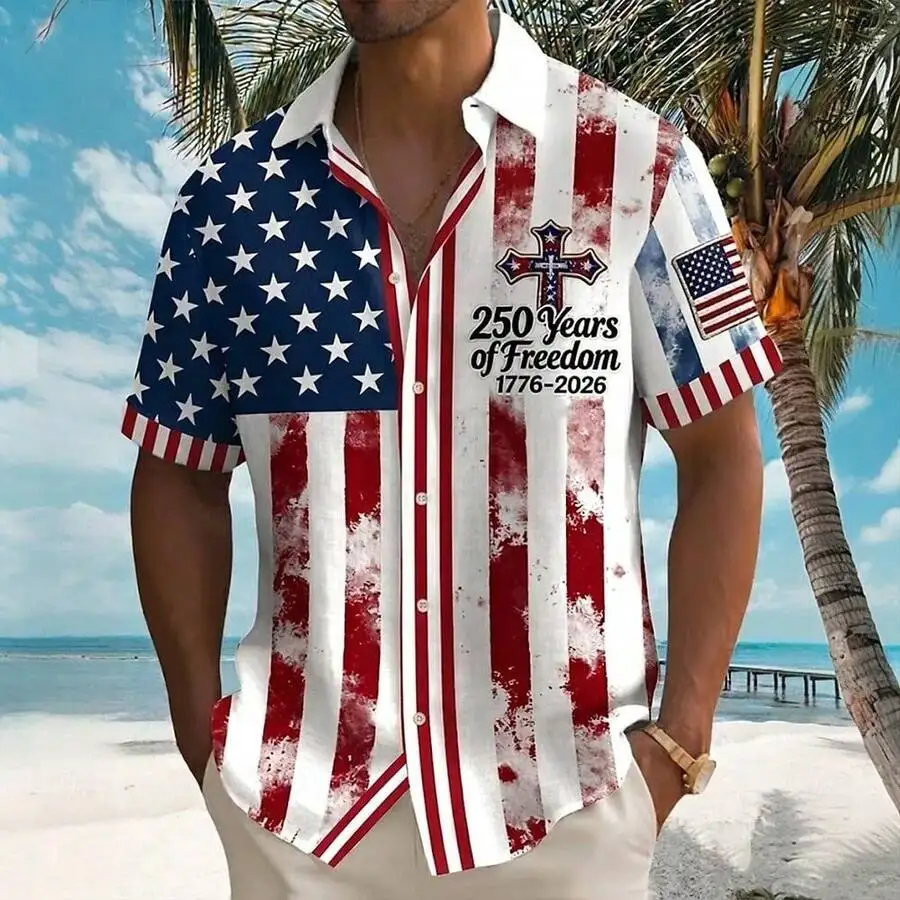 

Mens Patriotic USA Flag 250 Years Freedom 2026 Short Sleeve Button Up Shirt Casual Summer