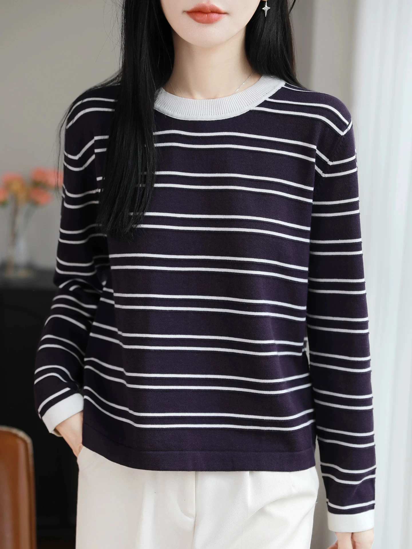 Pure Cotton Knitted Long Sleeve round Neck Sweater Women's Loose Inner Wear Stripe Color Block Autumn Winter New Style Top