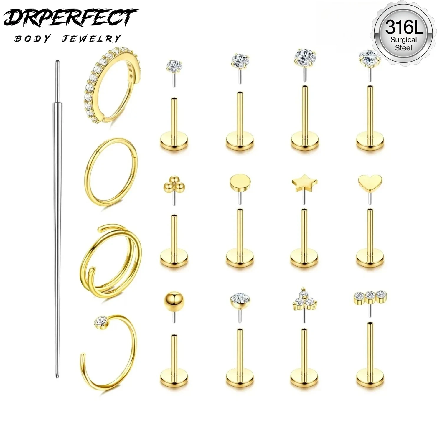 Drperfect 14K Gold-plated Nose Rings Studs Hoops for Women Men Surgical Steel Earrings CZ Lip Cartilage Nostril Piercing Jewelry