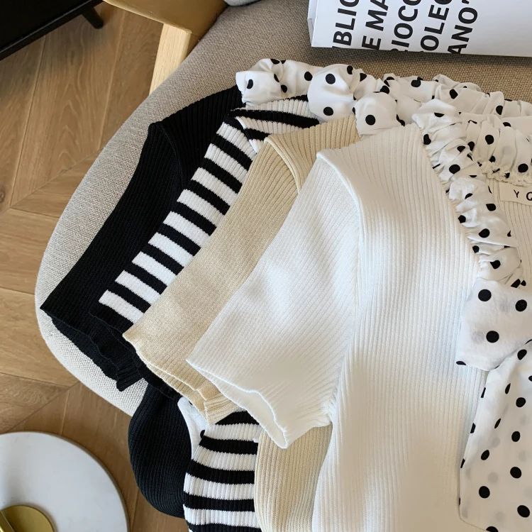 スタイリッシュなボウタイセータートップス女性 2025 夏半袖スリムニット Tシャツニットエレガントな韓国のファッションレディースジャンパー