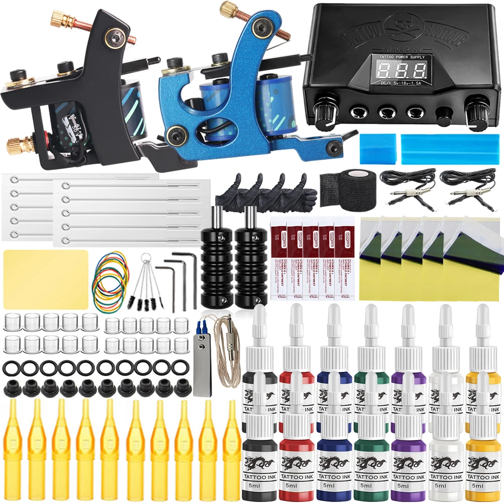 

Professional Coil Tattoo Machine Kit 10 Wraps Coil Machine Gun Set with Power Supply inks Pigment Tattoo Set for Beginner