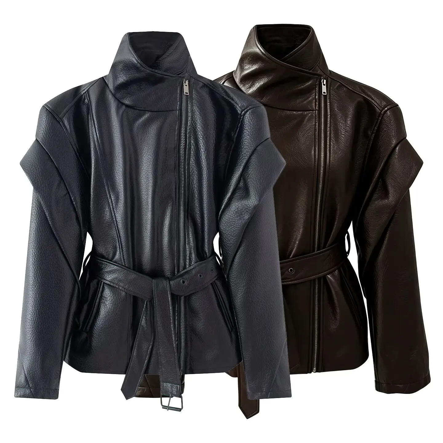 

Willshela Women Fashion With Belt PU Solid Front Zipper Jackets Vintage High Neck Long Sleeves Female Chic Lady Outfits