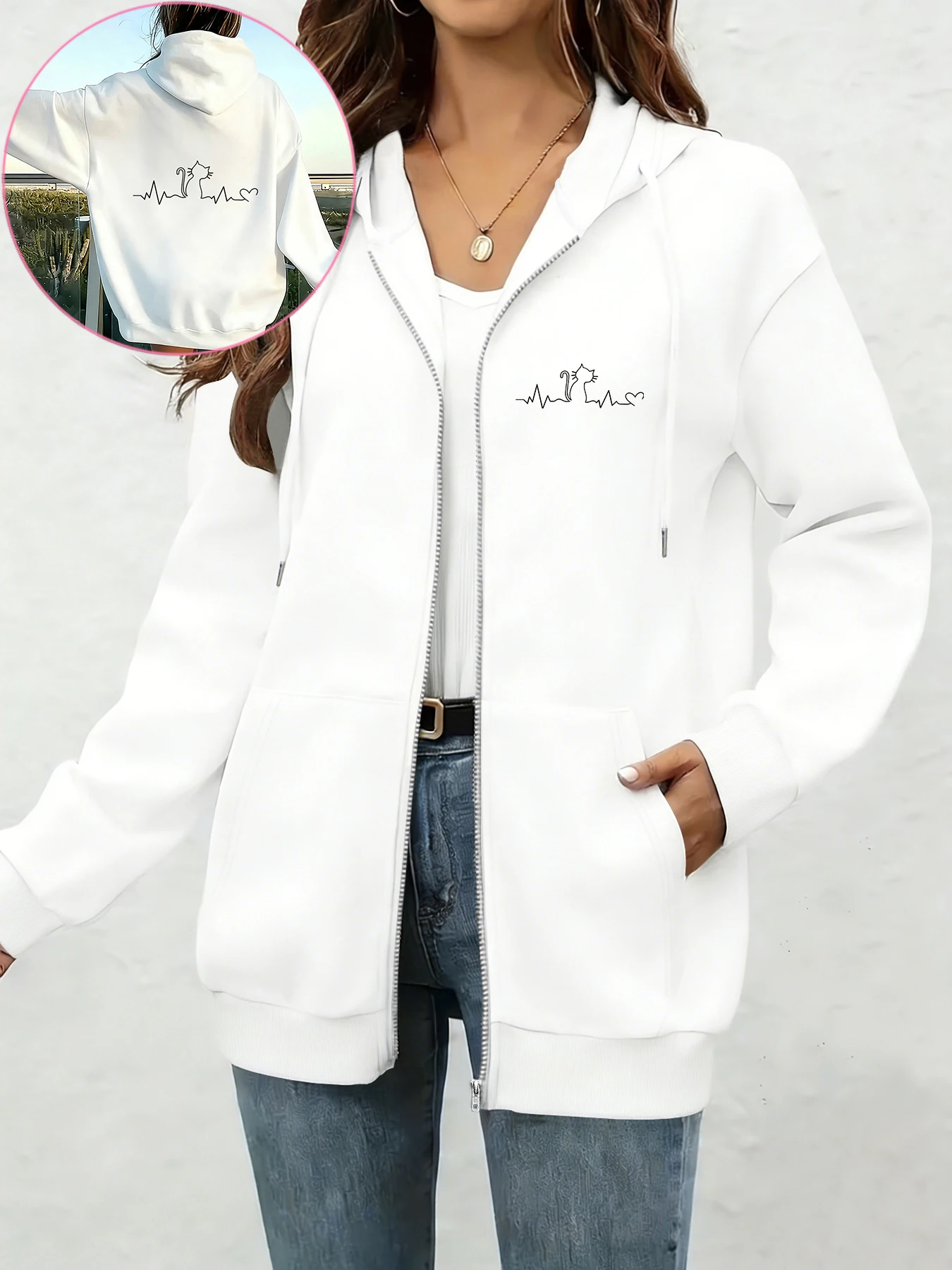 Cute Niche Jacket, Zip-Up Sweatshirt with Cat Heartbeat Line Print, Loose Drop-Shoulder Hooded Cardigan, Cute Niche Versatile Everyday Jacket, Early Autumn Outing Outfit, Women's Clothing