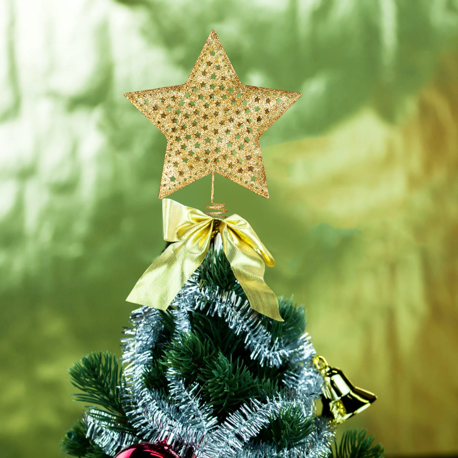 

2Pcs Shiny -Pointed Star Decor Christmas Tree Toppers Elegant Xmas Stars Decorative Tree Decors Bright Festive