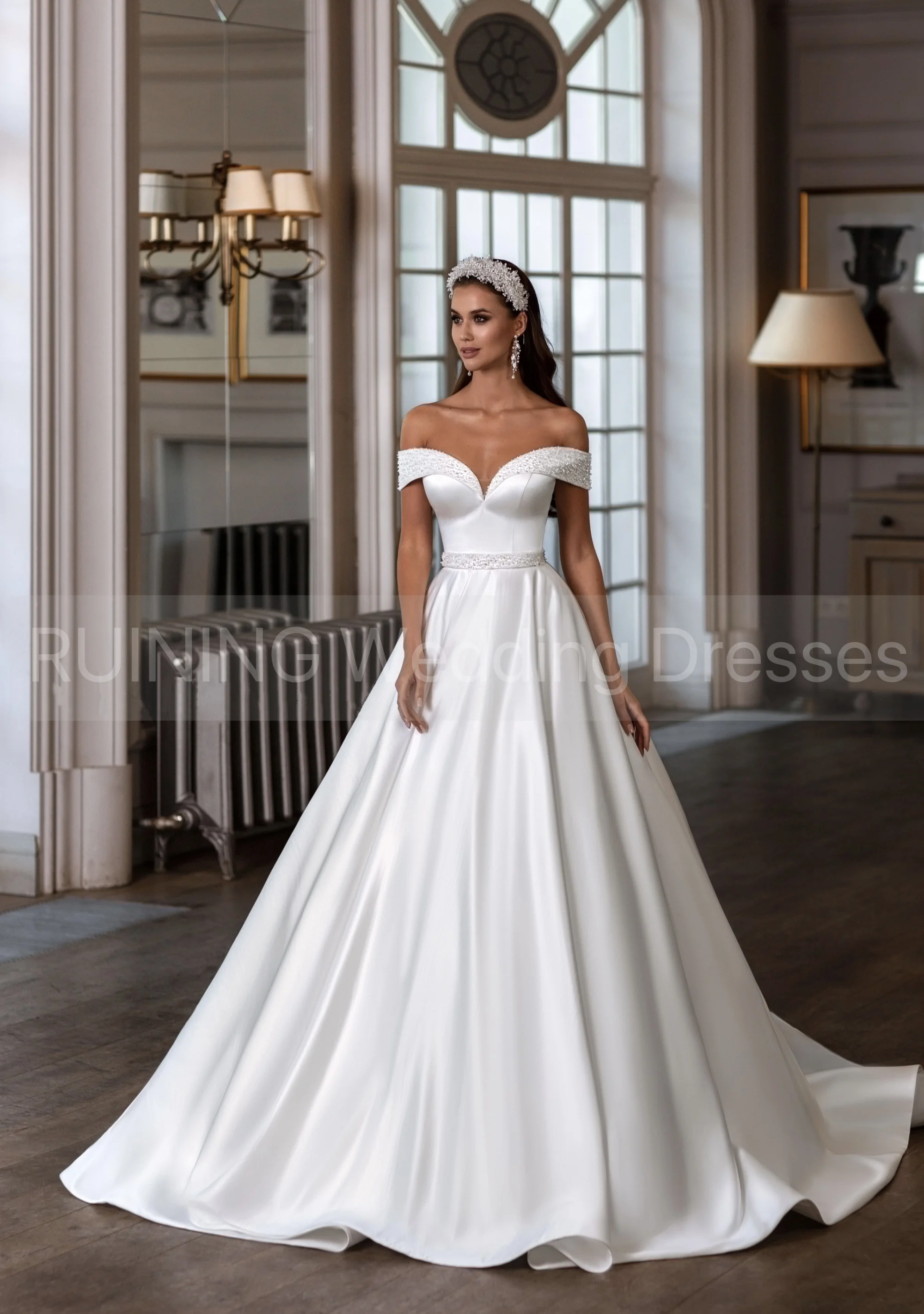 Eleganckie suknie ślubne z odkrytymi ramionami, zdobione koralikami, z szarfami, o kroju litery A, długie suknie ślubne dla kobiet, suknie na przyjęcia, suknie wieczorowe 2025