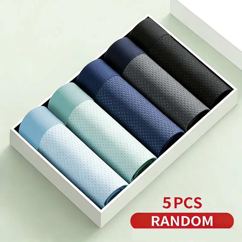 

5Pcs Men Underwear Antibacterial Boxer Men's Panties Breathable Mesh Summer Cooling Feel Man Underpants Ice Silk Boxer Random