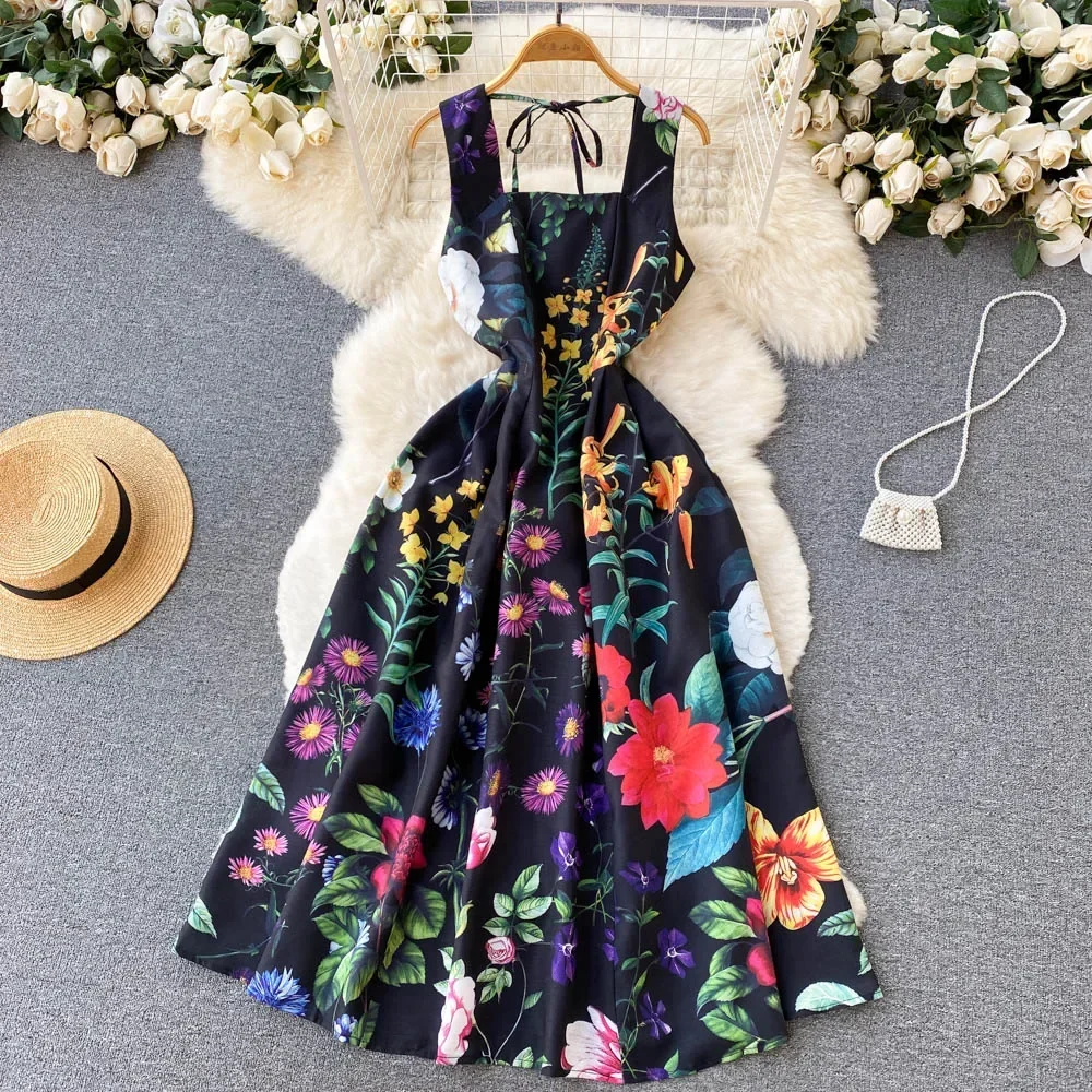 

2023 New French Vintage Waist Slimming Vest Dress Summer Women's Print Temperament A-line Long Skirt Birthday Dress for Women