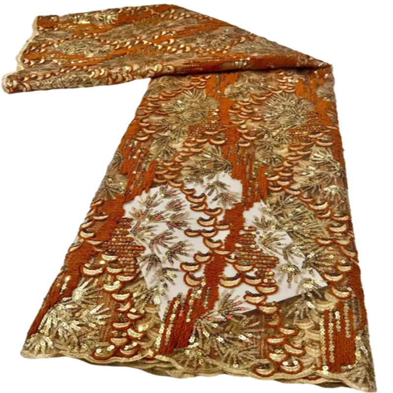 

African lace fabric 2022 latest gold Indian sari fabric high quality tulle 3D sequined lace fabric for wedding dress