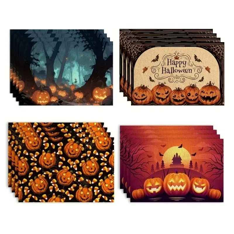 

4PCS/6PCS/8PCS Halloween Themed Linen Placemats, Pumpkin Forest Pattern, Washable Kitchen Tableware Mats