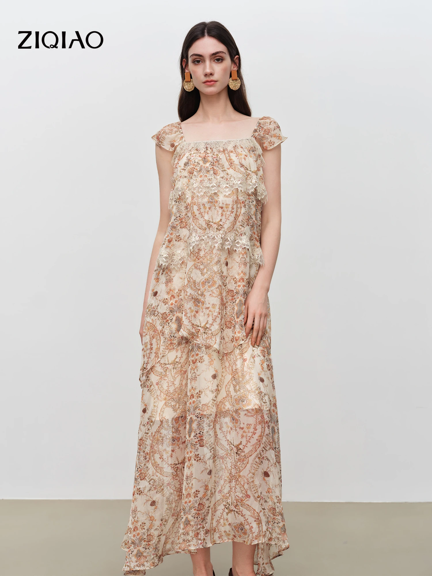 

ZIQIAO 2026 Summer Women's Lace Panel Tiered Floral Print Dress - Elegant Style for Resort and Special Occasions
