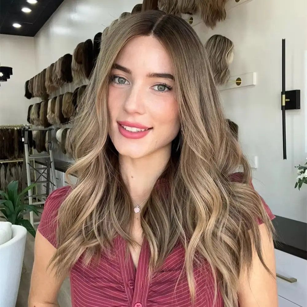 13x4 Free Part Ombre Brown with Blonde Streaks Synthetic HD Lace Front Wig with Roots Heat Resistant Fiber Wig Soft Body Wave