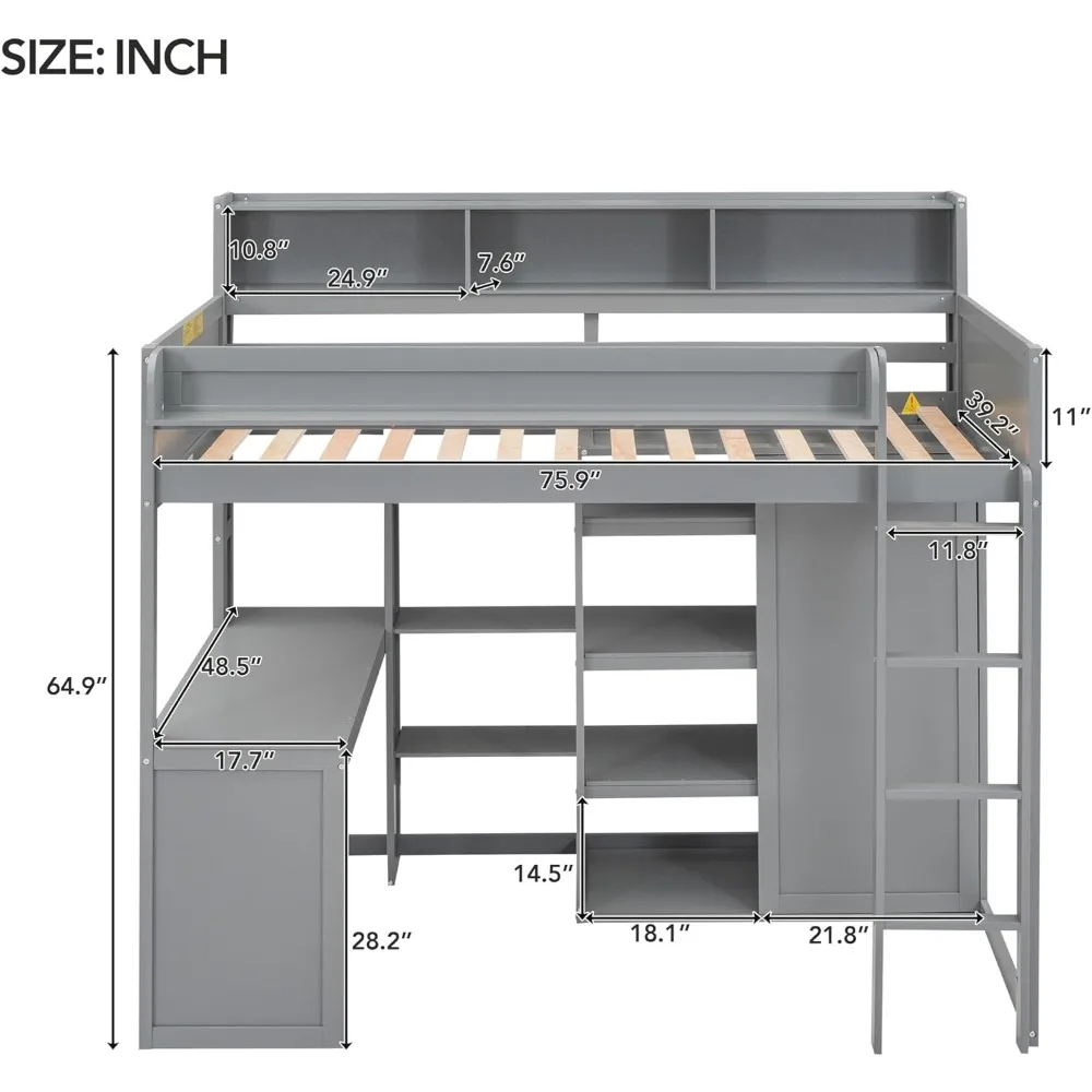 Twin Loft Bed.Twin Size Loft Bed with Wardrobe, Desk and Multiple Storage Shelves, Solid Wood Loft Bed Frame with Bookshelf