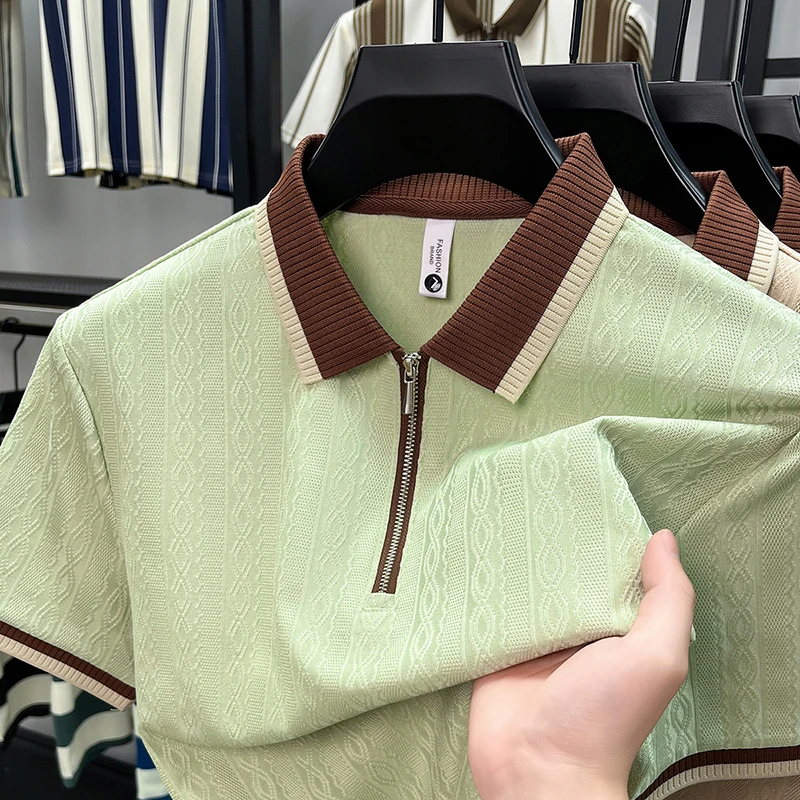 Luxury Man Half-Zip Color Blocking T-Shirt Polo Shirt Lapel Summer New Korean-Style T-Shirt Fashion Casual Best Seller Mens Wear