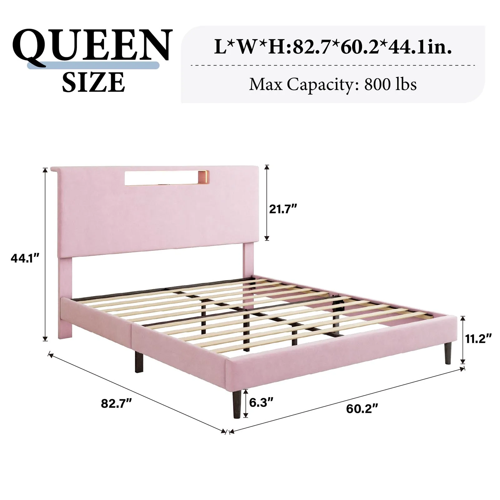 

Розовый каркас кровати размера QUEEN с изголовьем — зарядная станция, светодиодные фонари с дистанционным управлением, опора из фланелевых деревянных планок