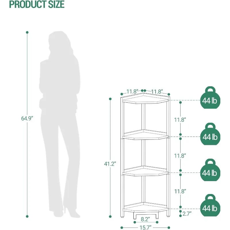 Corner Shelf Stand, Corner Bookshelf, Storage Standing Shelf Unit with Metal Frame, Plant Stand, Corner Bookcase