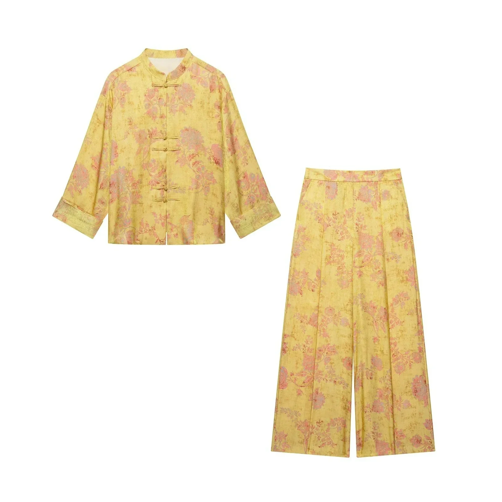 KONDALA Damen Eleganter Kimono-Stil Bedruckter Anzug 2026 Sommer Trendiger Urlaubs-Vintage-Chic Hosenanzug mit Seilknöpfen, Hemd, Lange Hose – Detail 4
