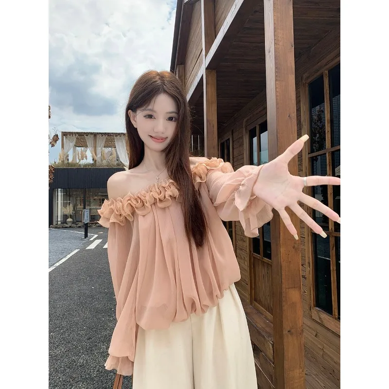 Modieus en zacht stijl retro opgerolde rand schuine schouder shirt met lange mouwen voor dames herfst losse off-shoulder top