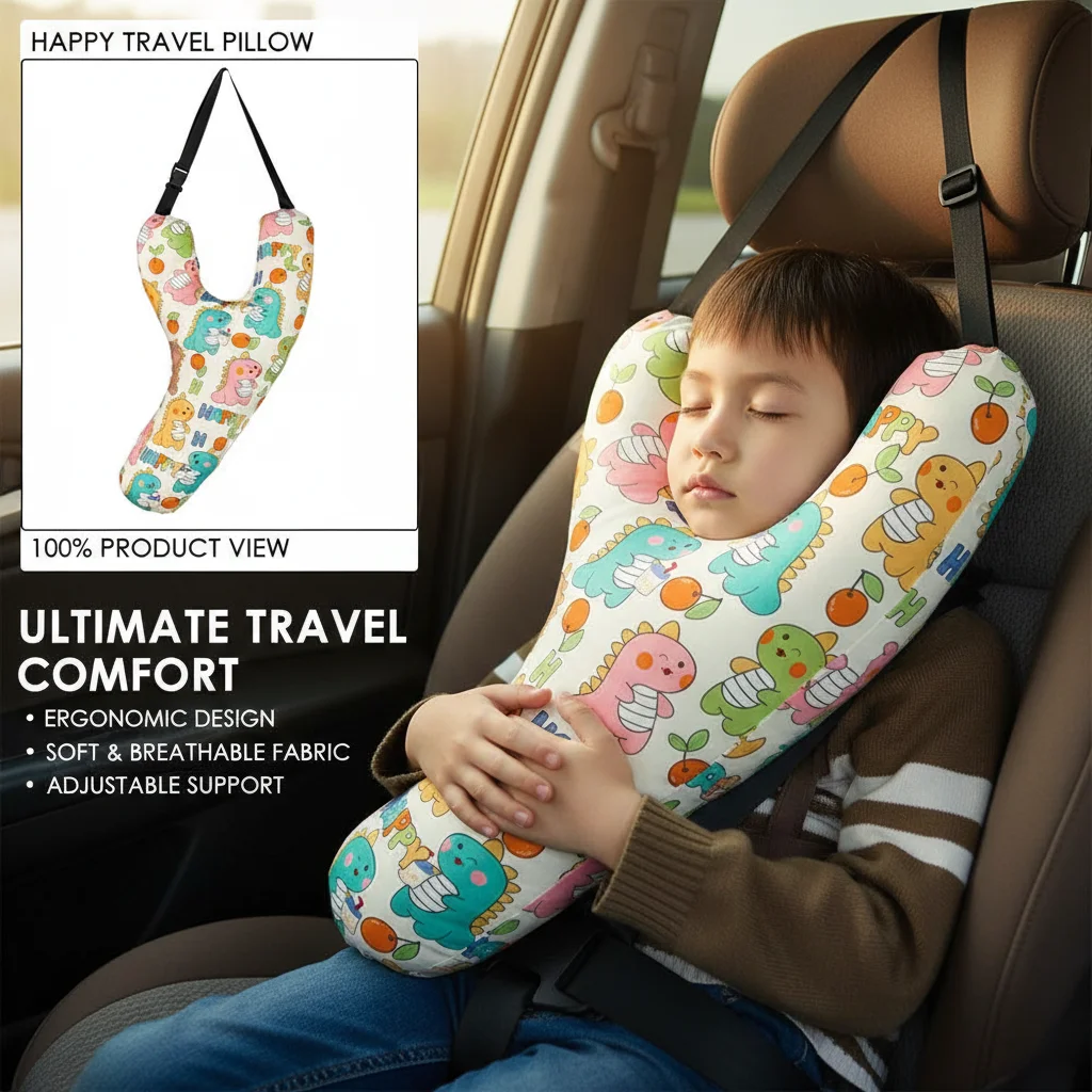 Children's Car Pillow Y-Shaped Pillow for Sleeping on the Car, Children's Rear Car Sleeping Headrest with Buckle