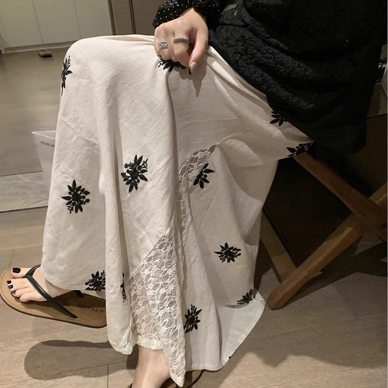 Linnen Geborduurde Rok Vrouwen Kant Patchwork Hoge Taille Een Lijn Chique Rok Harajuku Y2K Strand Vakantie Lange Rok