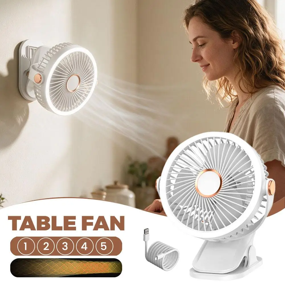 Clip-on Fan USB Rechargeable 5 Speed Adjustable 720° Rotatable LED Light Silent Mini Desk Fan for Home Dorm Camping