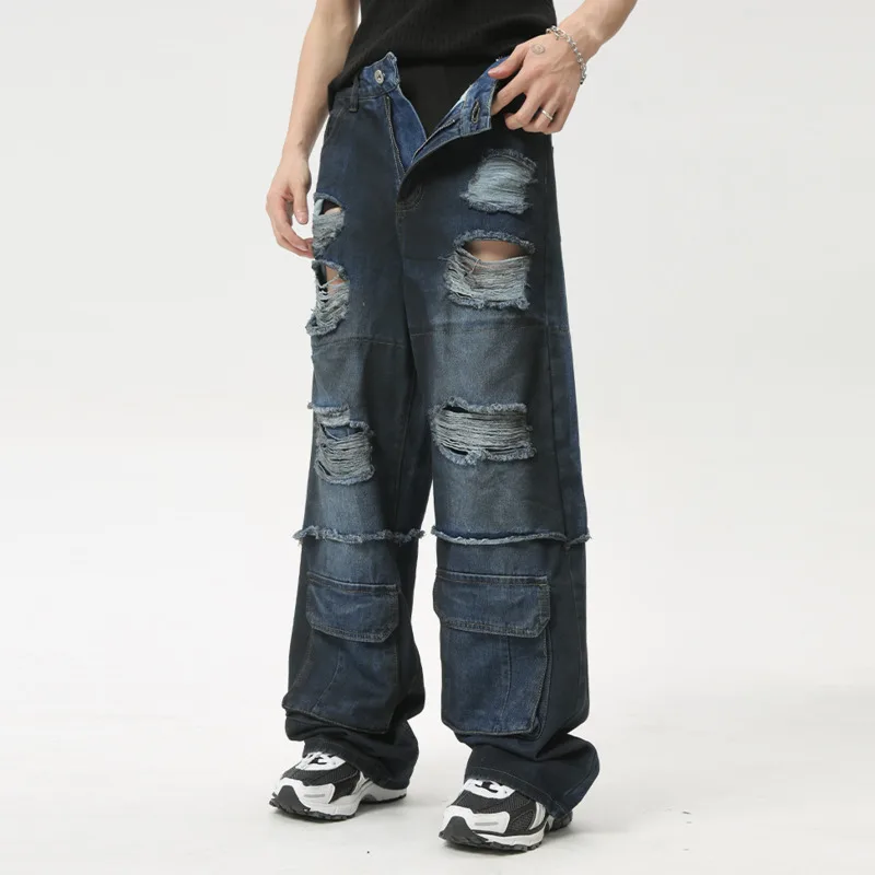 

Мужские рваные джинсы на молнии, повседневные рваные прямые брюки в американском уличном стиле, весна-лето 2024