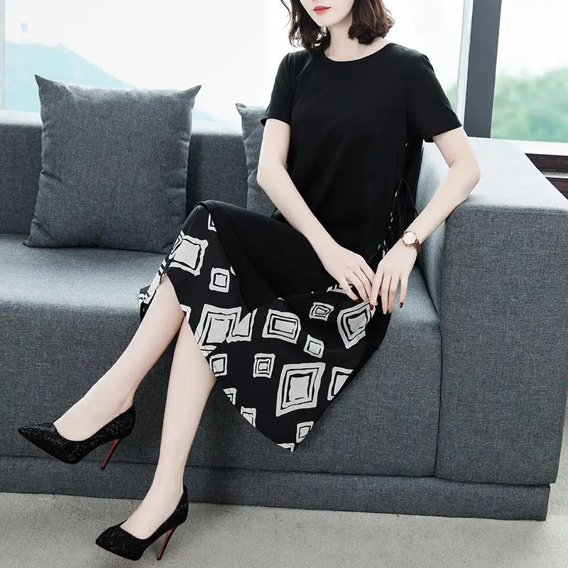 Commute Printed Patchwork Dresses Short Sleeve 2024 Summer Loose Fashion Drawstring Female Clothing Casual Round Neck Midi Dress