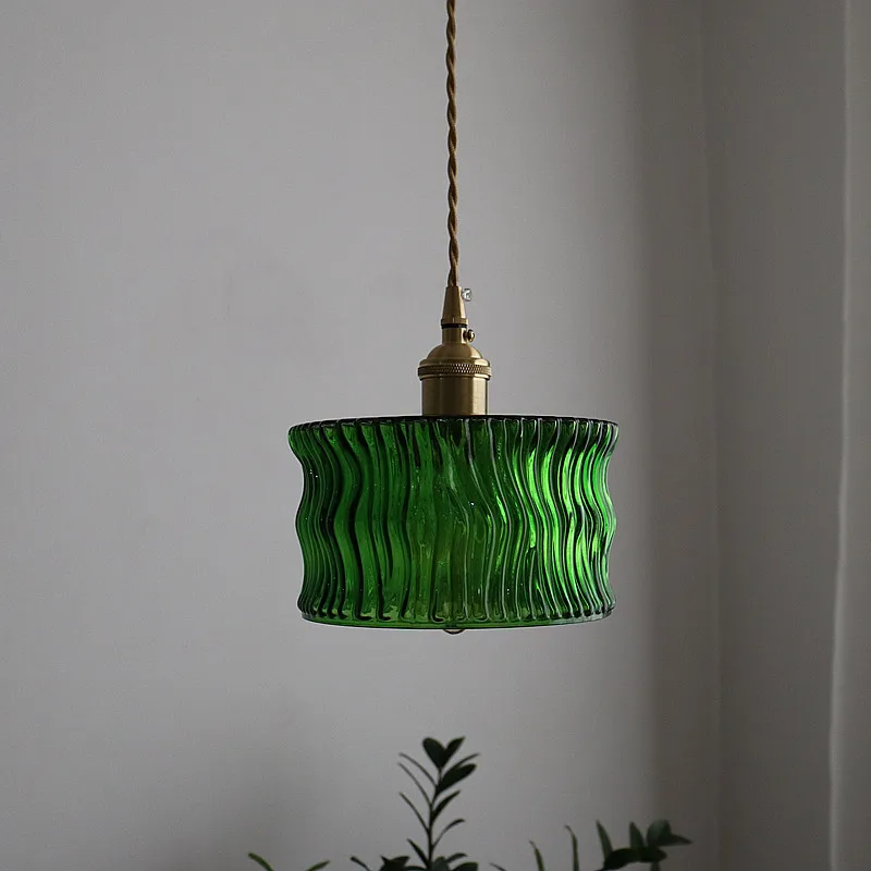 Retro Green Glass Pendant Light, Vintage Ribbed Shade Ceiling Lamp for Kitchen Island Bar Dining Room