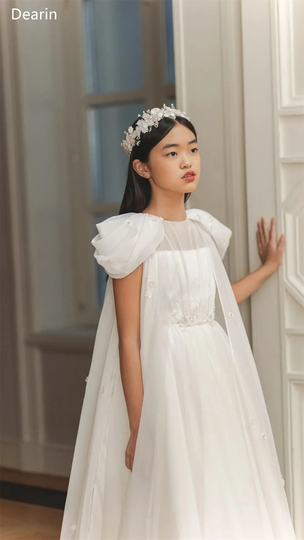 Robe de Soirée Personnalisée pour Fille, Tenue Formelle de Bal, Dearin, Encolure de la raq, Jupe Trapèze, Longueur au Sol, Drapée, en Tulle, Superposée, à Fleurs