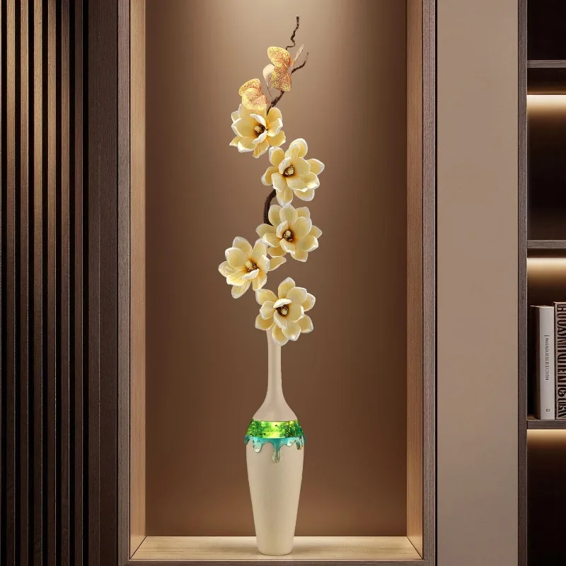 Nordic Vertical Vase Sculpture Art Ornament Luxury Living Room TV Cabinet Simulation Magnolia Flower Decoration Gift