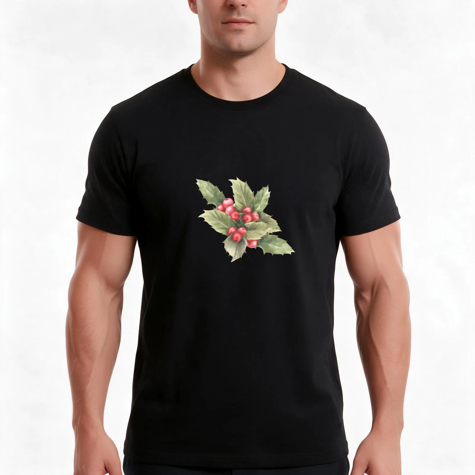 Watercolor hand draw red holly berry, leaves and berries. Christmas or New Year sticker T-Shirt, Summer Casual Cotton Tee