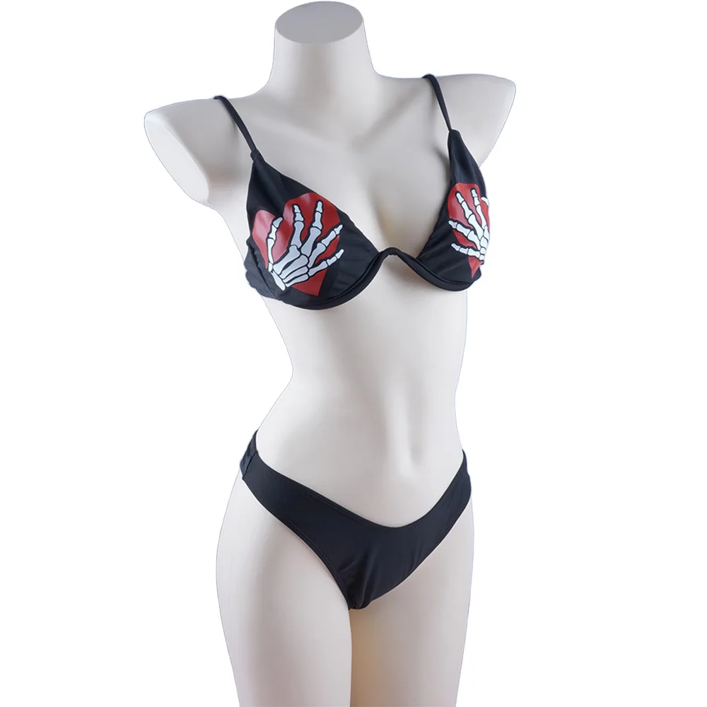 Sexy Gothic Bikini 2024 Women Red Heart Skeleton Hand Print Swimsuit Split Bathing Suit Low Waist Bikinis Sets Beach Swimwear