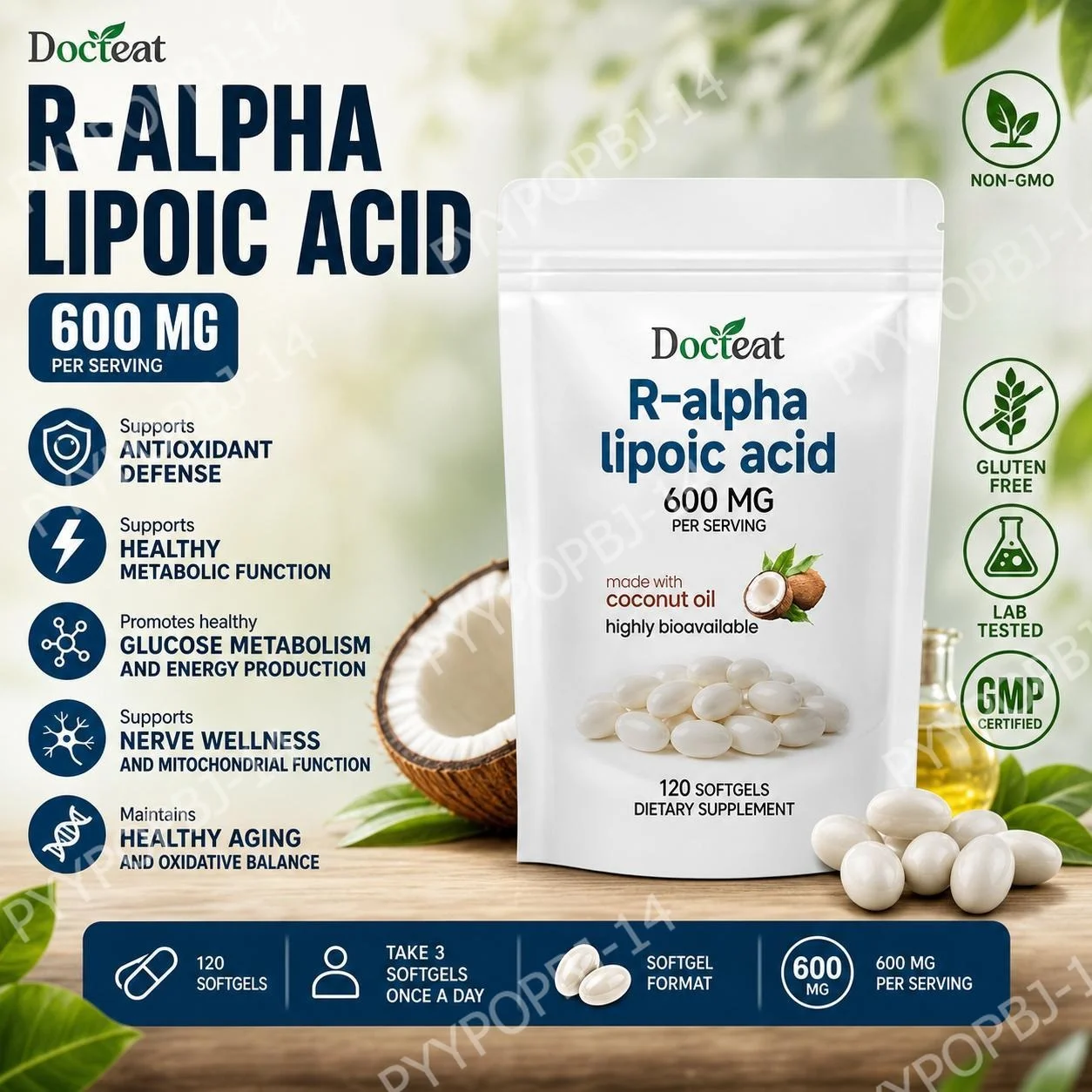 Docteat R-Alpha Lipoic Acid 600 Mg Softgels Mitochondrial Function Support and Nerve Wellness Antioxidant Defense 120 Softgels