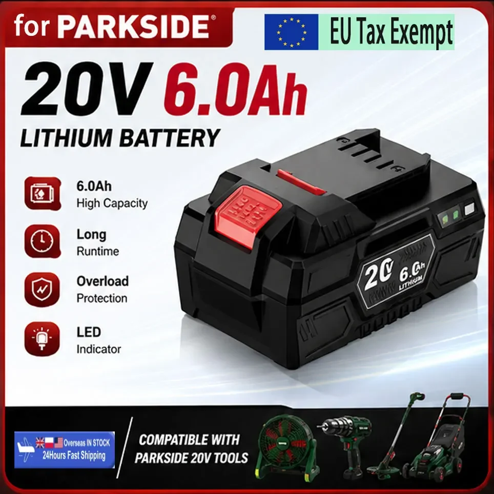 Batteria 20V 6Ah agli ioni di litio per utensili elettrici Parkside X-20V, sostituzione per tosaerba/segatrici a catena/trapani, compatibile con PAP 20 B3/A3/PAPS 208 A1