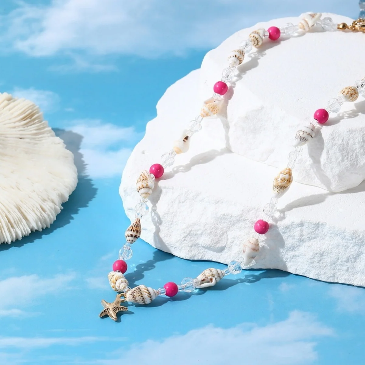 Metall-Seestern-Muschel-Anhänger-Halskette für Damen und Herren, Kristall-Reisperlen-Choker, Bohemian-Strandurlaub, Sommerparty-Schmuck – Detail 24