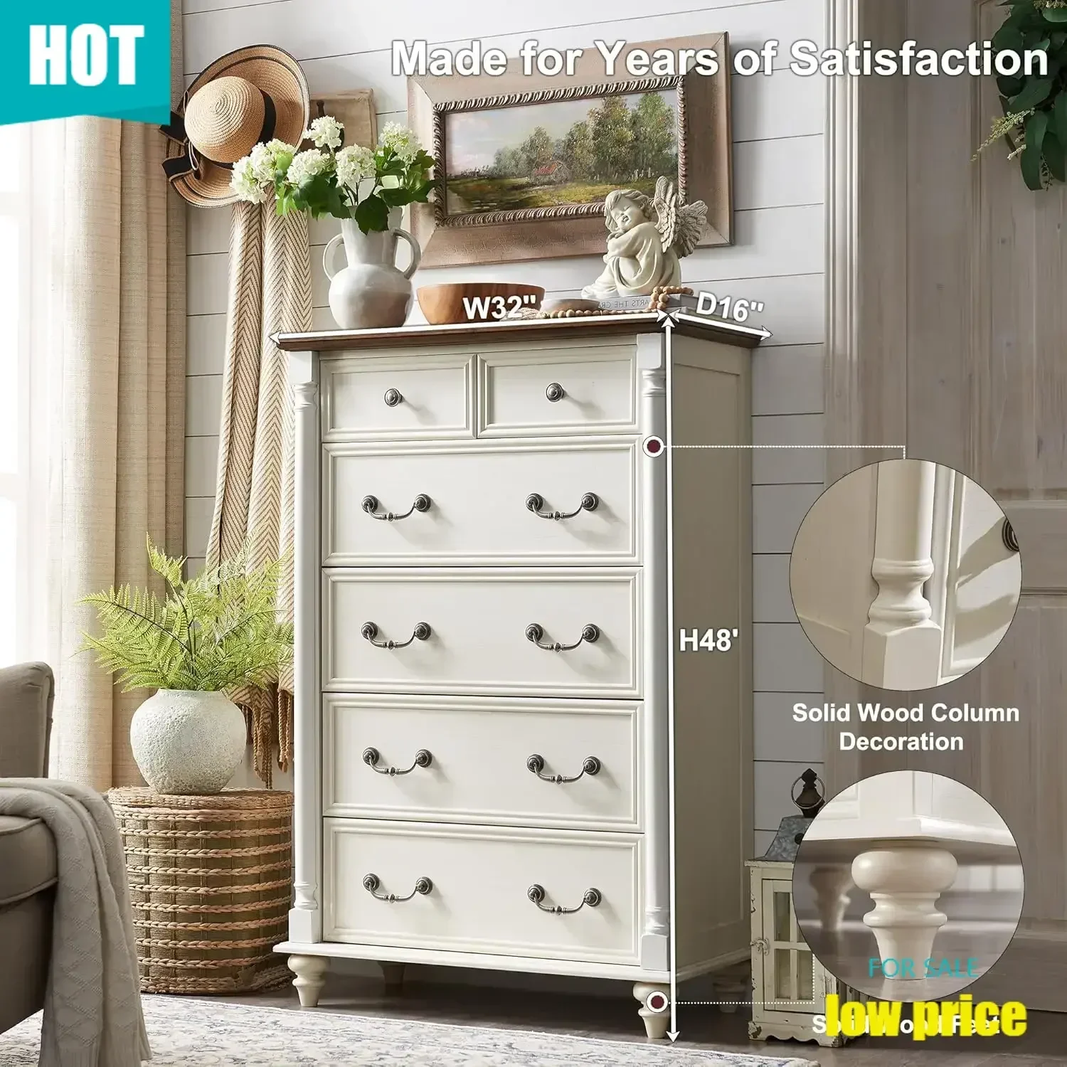 [Limited Stock!][New Arrival!]Farmhouse 6 Drawers Dresser Chests for Bedroom w/4 Solid Wood Feet &Column Decor, Tall Wood Rustic