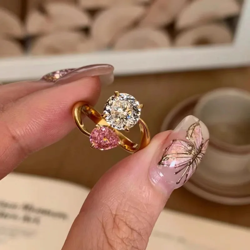 

Французское нишевое кольцо с двойным камнем, горячая пудра, женское кольцо в стиле Ins, универсальное, легкое, роскошное, High Sense, новинка 2024, лето