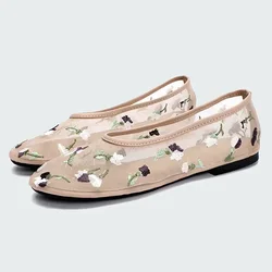 Hand Embroidered Flowers Designer Mesh Hollow Flats Ballet Shoes Women Summer Light Breathable Mary Jane Shoe Elegant Mules Shoe