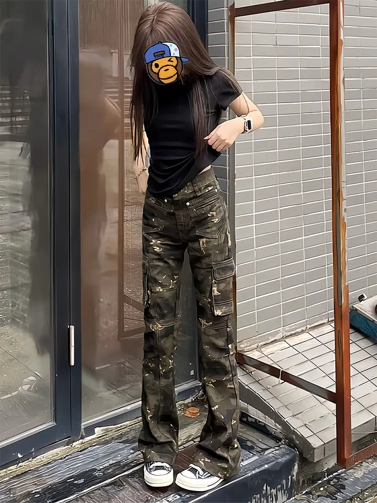

Cleanfit American High Street Camouflage Workwear Jeans Men Tall Slim High Waist Lift Tapered Pants Straight Leg Fit Jeans