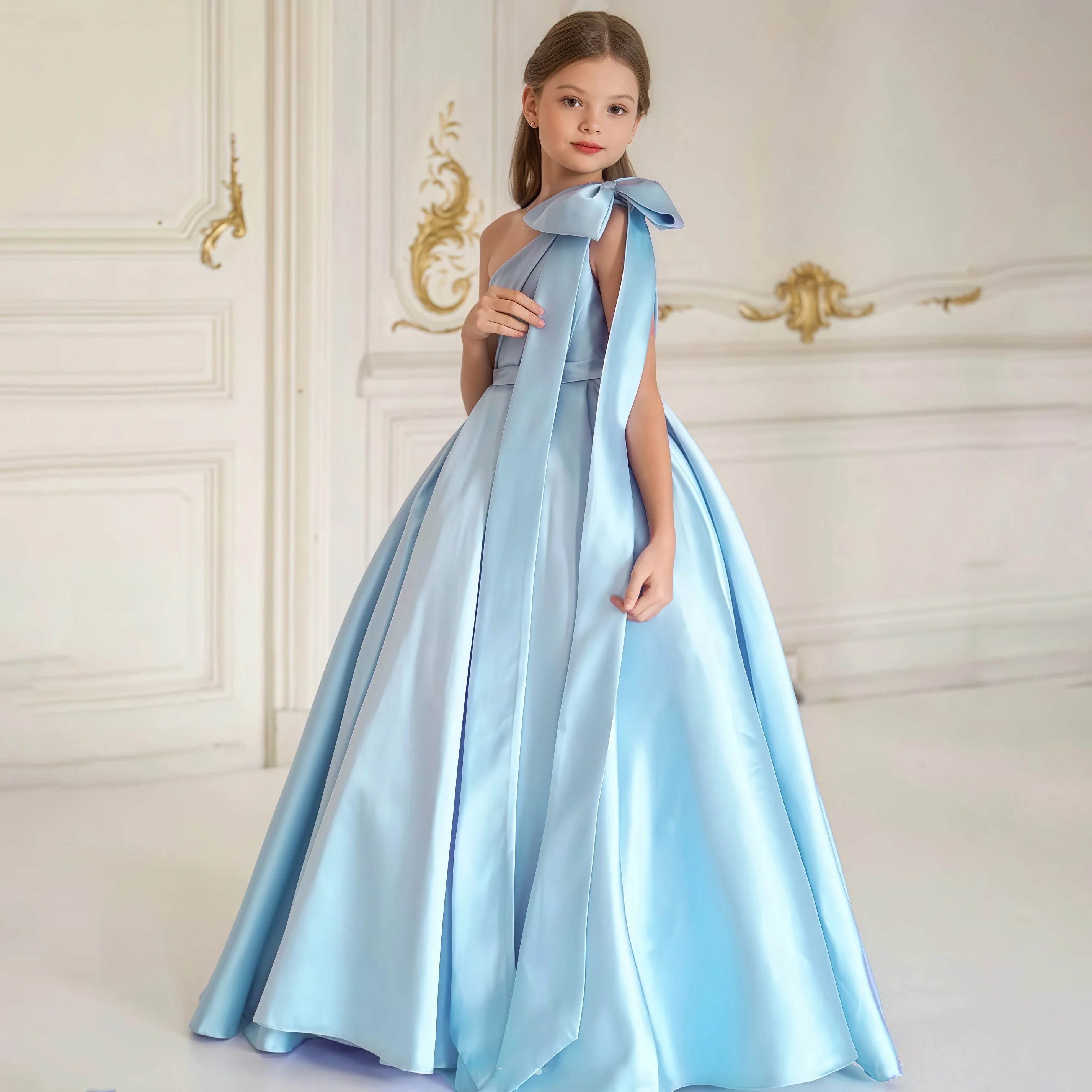 

Light Blue Satin Flower Girl Dress One - Shoulder Bow Strap Ball Gown, Elegant Princess Dress for Wedding Pageant Formal Events