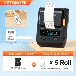 DETONGER DP230S 15-64mmThermal Label Printer with 5 Rolls Paper Multifunctional Mini Adhensive Hand Barcode Sticker Maker