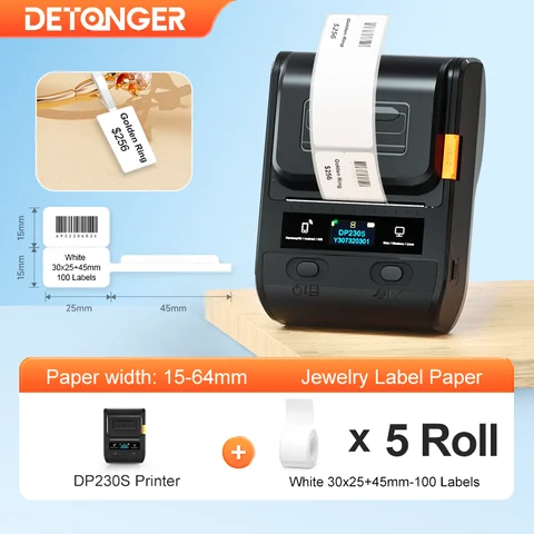 DETONGER DP230S 15-64mmThermal Label Printer with 5 Rolls Paper Multifunctional Mini Adhensive Hand Barcode Sticker Maker